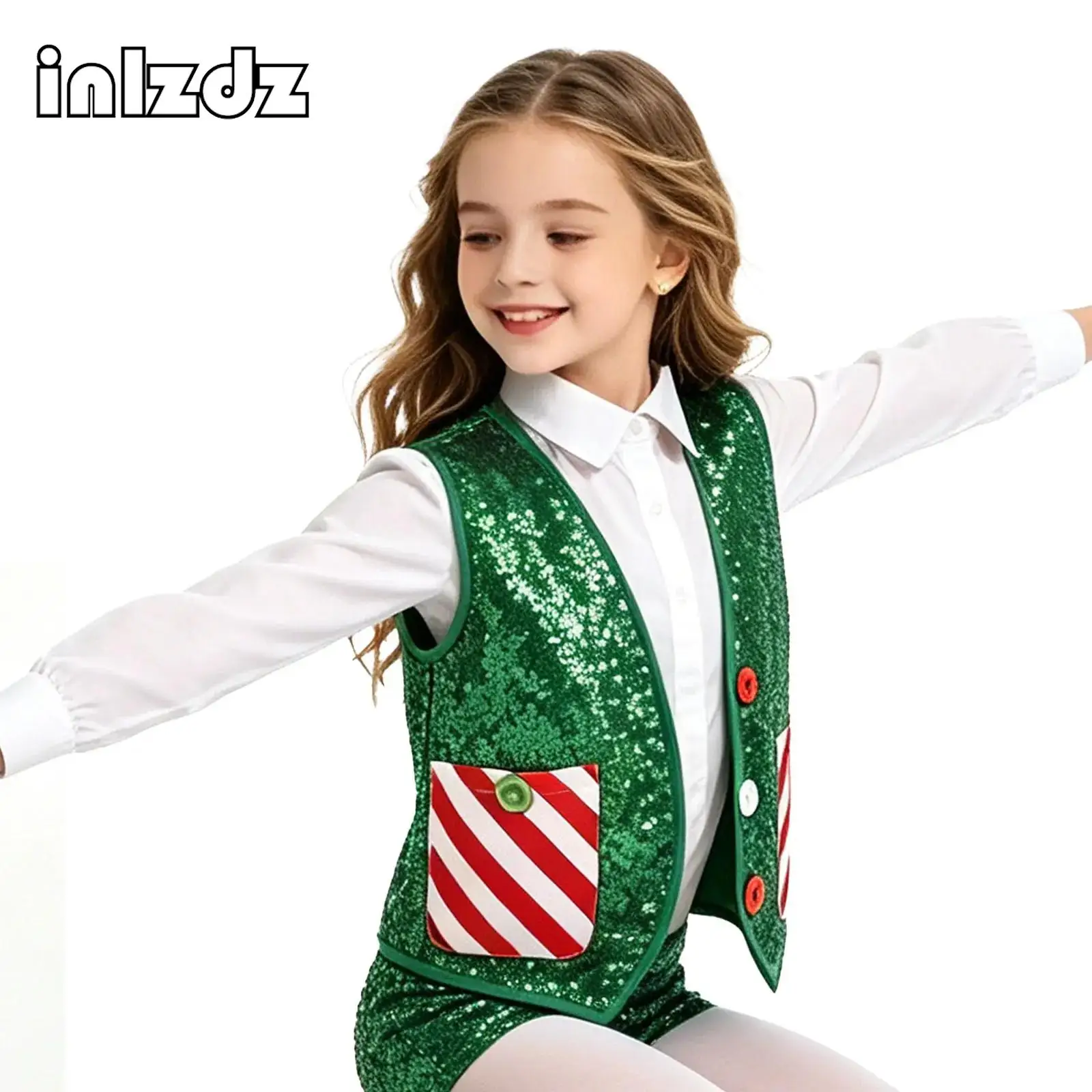 Disfraz de Duende Navideño con Lentejuelas para Niños, Chaleco sin Mangas con Corbata de Moño para Baile de Jazz Latino y Discoteca