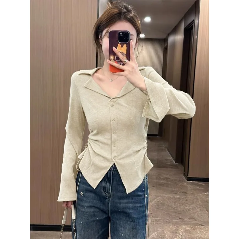 Women Sweet Style Autumn Long Sleeve Top Lapel Button Drawstring Waist Flare Cuff Slim Versatile Blouse