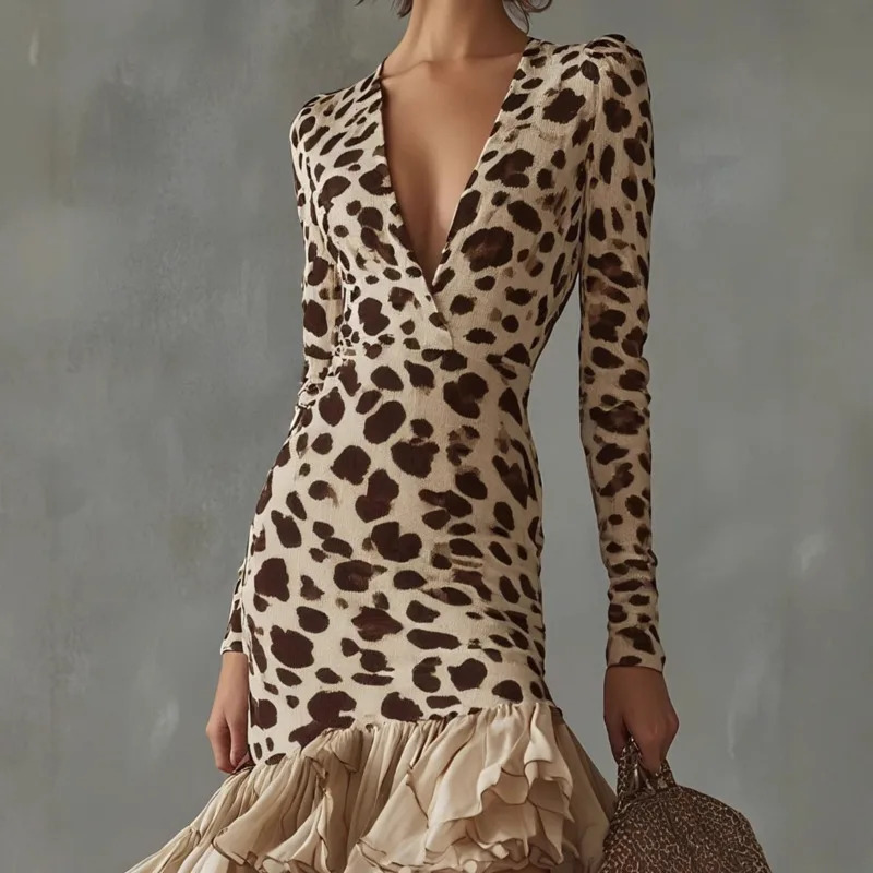 Vestido feminino de malha com estampa de pedra, decote em v, outono, manga comprida, saia irregular em camadas, banquete, vestido longo para namoro