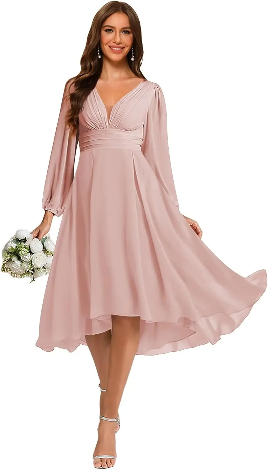 فستان وصيفة العروس نسائي شيفون برقبة على شكل V وأكمام طويلة مطوي على شكل حرف a طول ميدي فستان زفاف الضيوف فستان رسمي نسائي أنيق