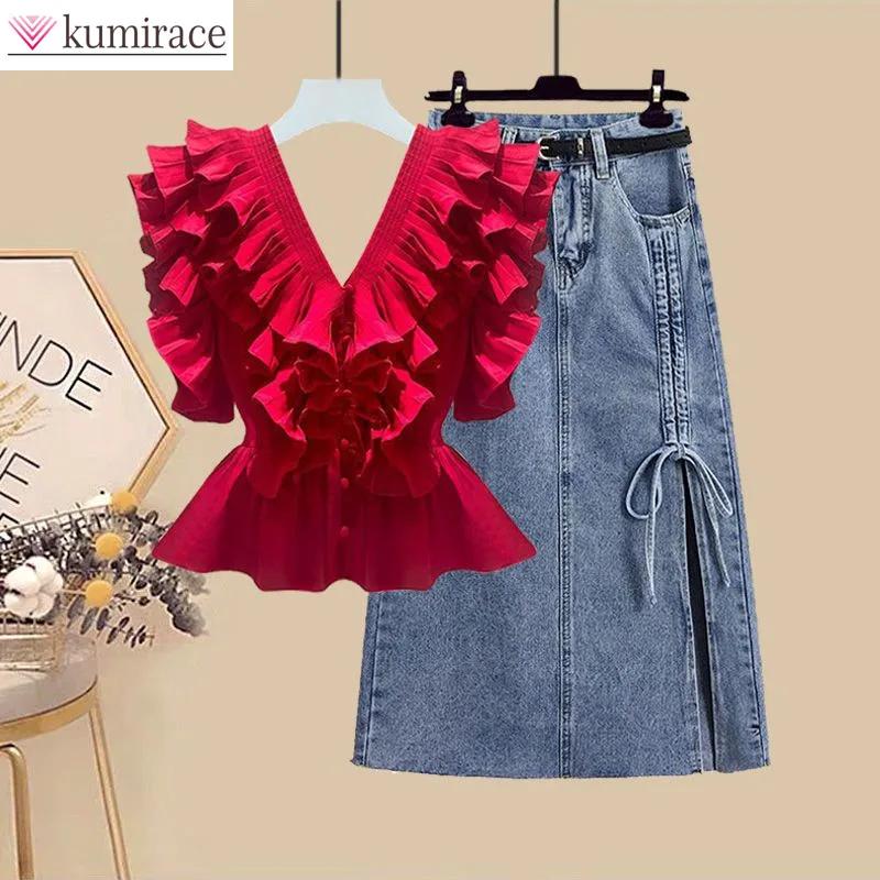 Spring/Summer Set Women's New Korean Style Western Versatile Top with Waist Wrap to Show Slim Denim Skirt Two-piece Set