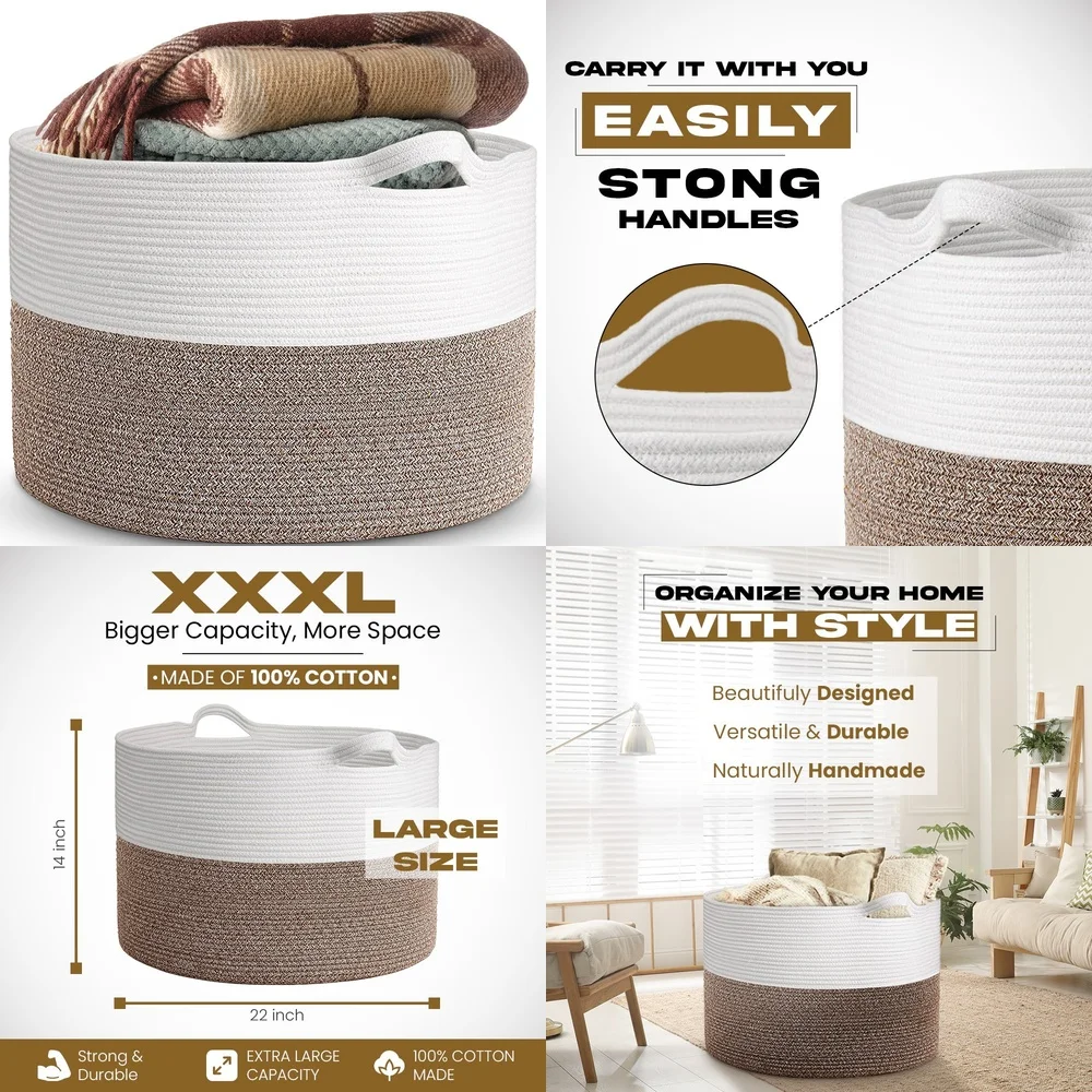 

Бытовые корзины для хранения Очень большая корзина для одеял 22x14 дюймов Jumbo Хлопковая веревка для хранения детских игрушек Гостиная