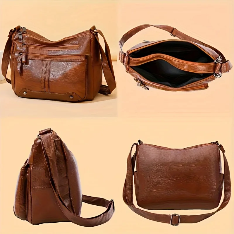 Ins Hot Retro Damen-Umhängetasche aus Leder mit Used-Look, Crossbody-Tasche mit mehreren Reißverschlusstaschen, trendige, geräumige, verstellbare Schultertasche – Detail 6