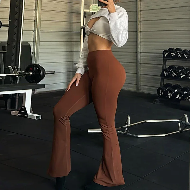 DSMTRC Slimming Yoga Bell-Bottom Pants Solid Color Summer Ladies New High Waist HipLifting Fashionable Sports Trousers For Women