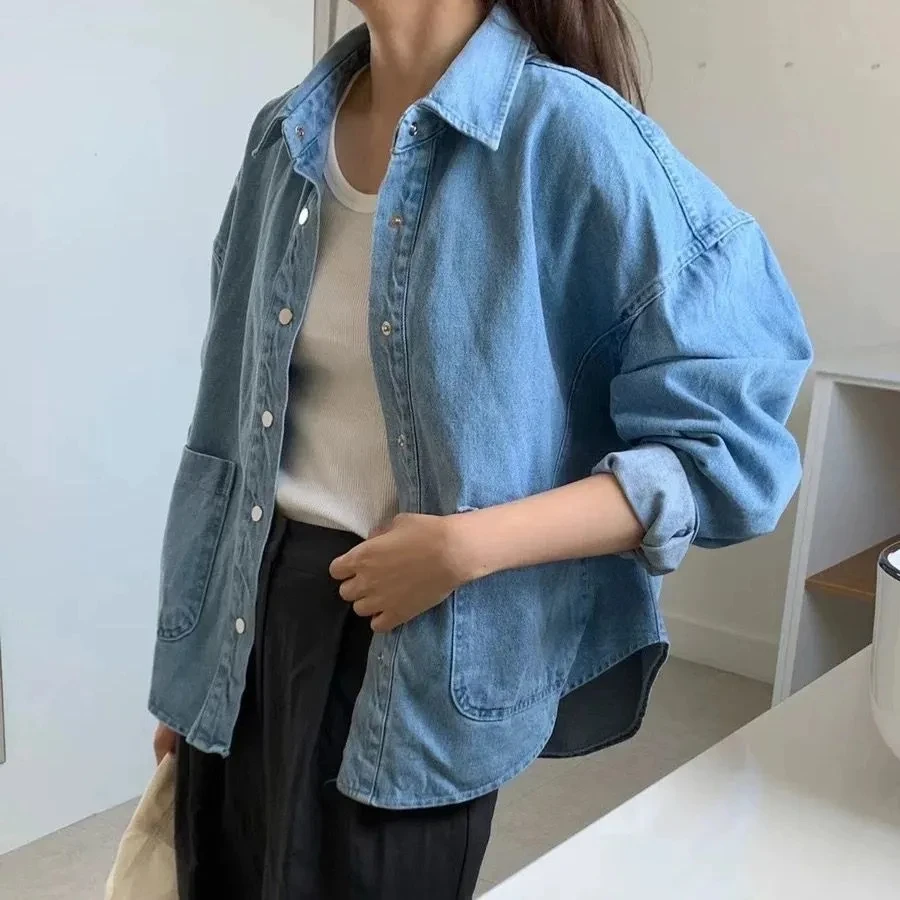 Fashion Loose Long Sleeve Polo Collar Denim Shirt Jacket Women's Spring Korean Retro Single Button Cardigan Basic Coat