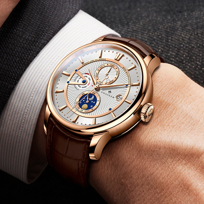 PONIGER Brand Design New Men's Watches Automatic Movement Tourbillon Watches Steel Waterproof Calendar Week Multifunction Watch