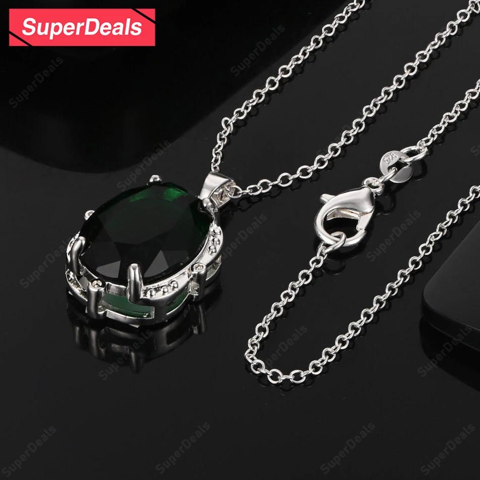 

SuperDeals 925 Sterling Silver Oval Green Zircon Pendant Necklace Classic High-Quality Luxury Jewelry Women's Engagement Gift