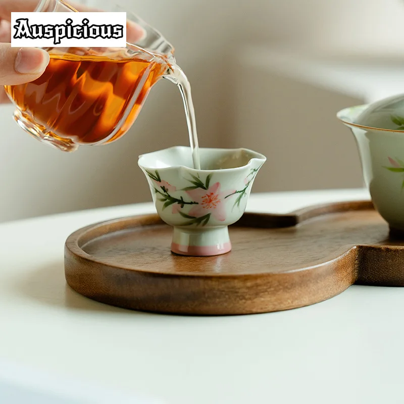 2pc/set Hand-painted Pink Peach Blossom Teacup Lotus Rhyme Flower Mouth Tea Bowl Master Cups Fragrance Cup for Tea Craft 30ml