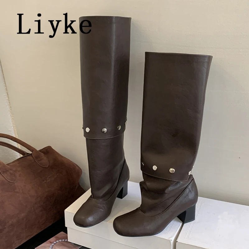 

Liyke, осенне-зимние женские уютные кожаные съемные пикантные сапоги до колена, модные женские туфли с круглым носком на низком толстом каблуке, черные, коричневые