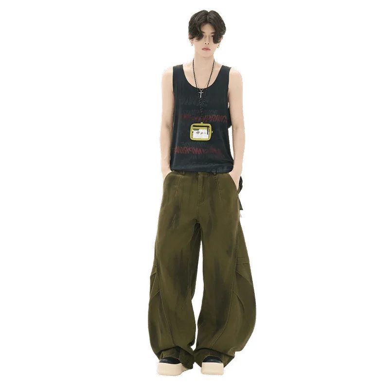 بنطال جينز مدبب فضفاض من Streetwear للرجال، جينز رجالي من قماش الدنيم الأمريكي الكلاسيكي، بنطال Y2k واسع الساق