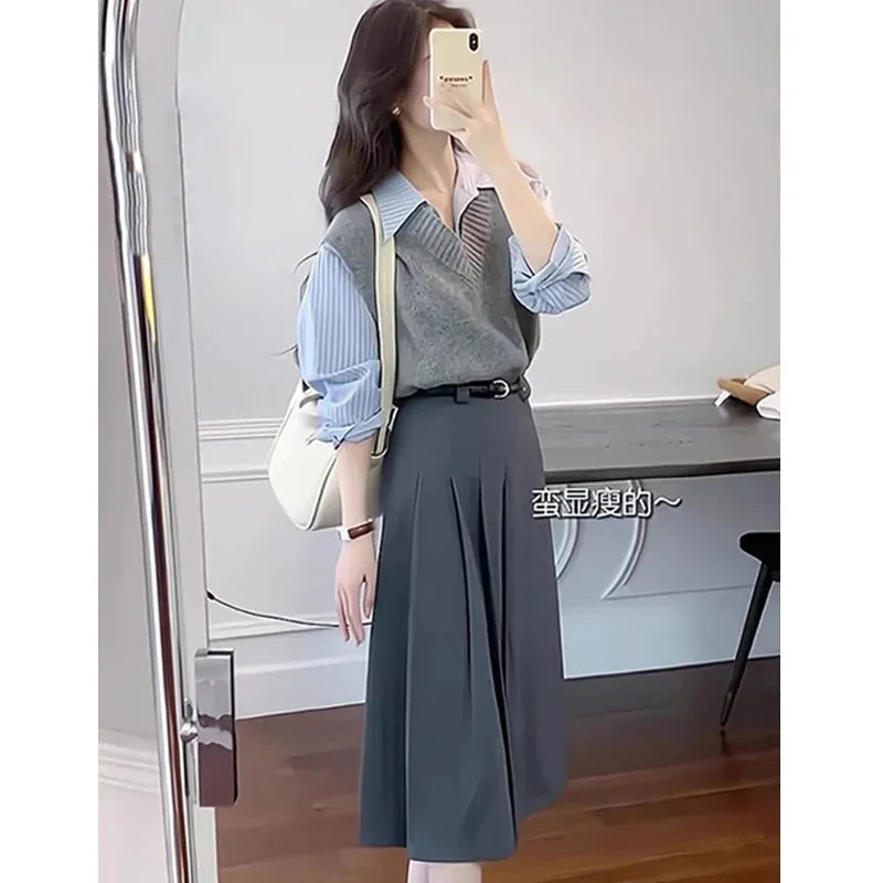 Korean Women Graceful Spring Autumn Clothing 2023 New Lady Stripe Shirts Gray Knit Vest Midi Skirts Sets Sweater Tops Outfits