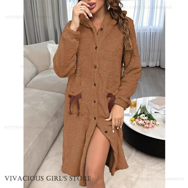 

Winter New Flannel Hooded Nightgown Long Robe Loose Casual Home Dressing Gown Sleepwear Thick Coral Fleece Nightdress Loungewear
