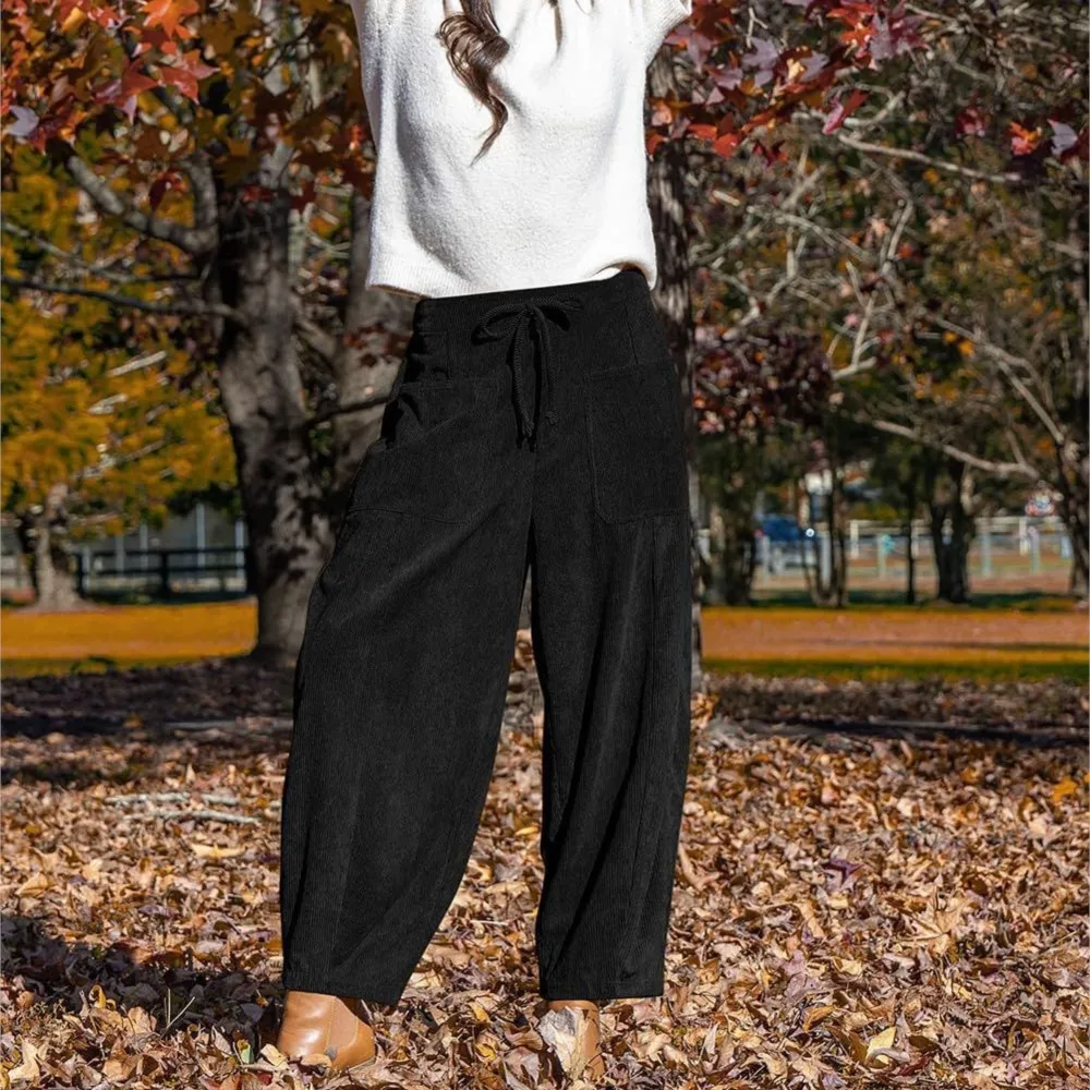 Women's Clothing Casual Wide Leg Pants Vintage Solid Color All-match Commuting Simple Style Trendy Leace-up Comfortable Casual