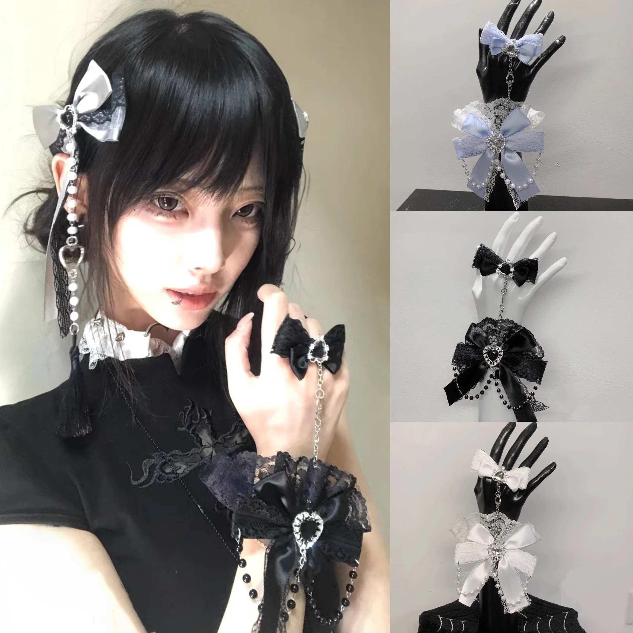 New Original Handmade Subculture Cute Bowknot Diamond Chain Lolita Gothic Lace Bow Wrist Sleeve Y2K Girl Hand Back Chain