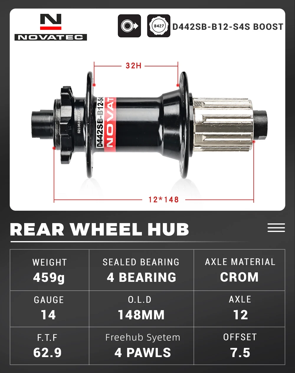 Bicycle Hubs Novatec D041SB-B15 D042SB-B12 BOOST Front 110*15MM Rear 148*12MM Stainless Steel HG Freehub 8 9 10 11 Speed 32 Hole