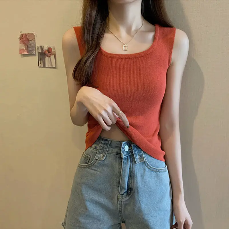 Knitted Bottom Vest Women's Summer 2023 New Korean Version Slim Anti-fade Solid Color with Sleeveless Top