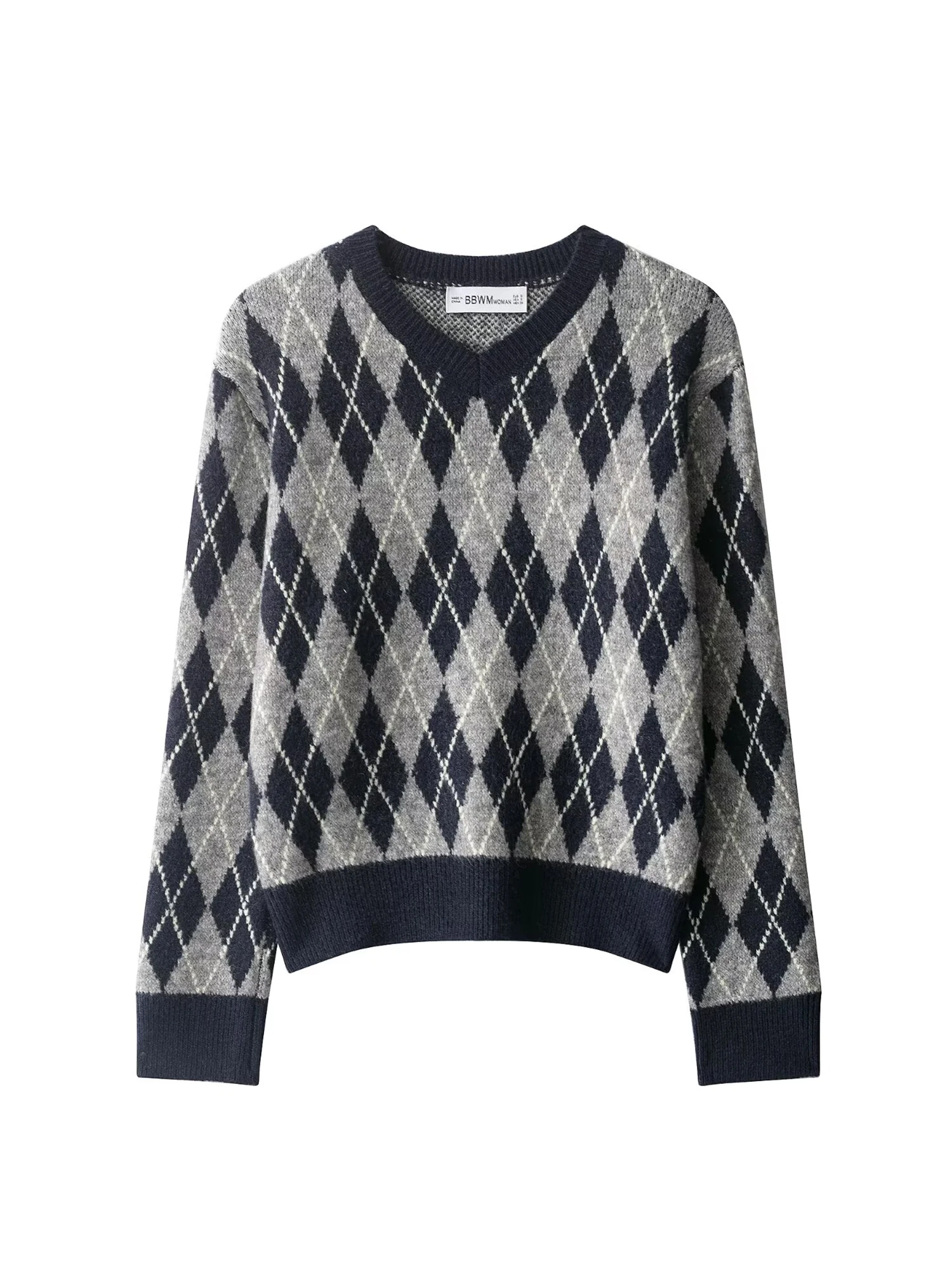 Women's Grey Plaid Pullover Sweater Vintage Preppy Style Jumper Knit V-Neck Long Sleeves Checked Sweater Autumn 2000s Clothes
