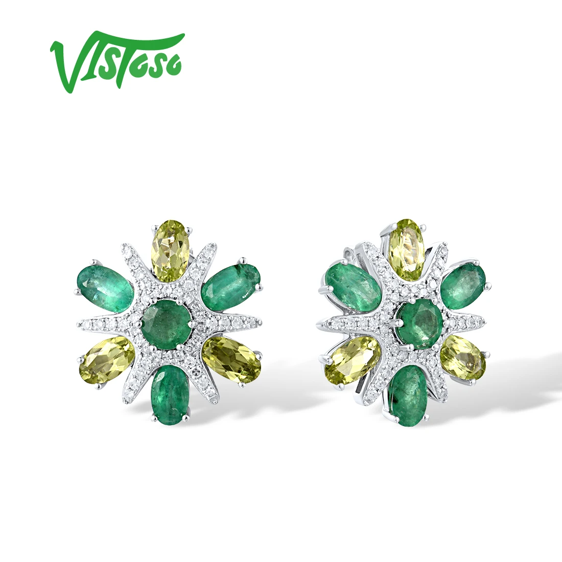 

VISTOSO Genuine 14K 585 White Gold Stud Earrings For Women Sparkling Diamonds Peridot Emerald Fashion Colorful Chic Fine Jewelry