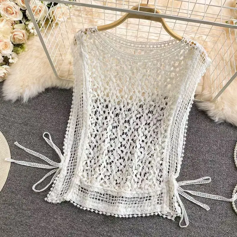 Summer Women Short Knitted Vest Shirt Round Neck Hook Flower Hollow Out Tank Top Lace Drawstring Pullovers Blouse