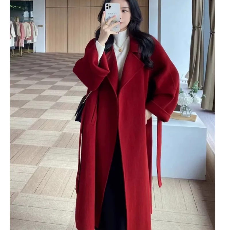 Red Double-sided cashmere Coat For women mid to long length 2026 Autumn Winter New Product Loose High-end Woolen Coats Female
