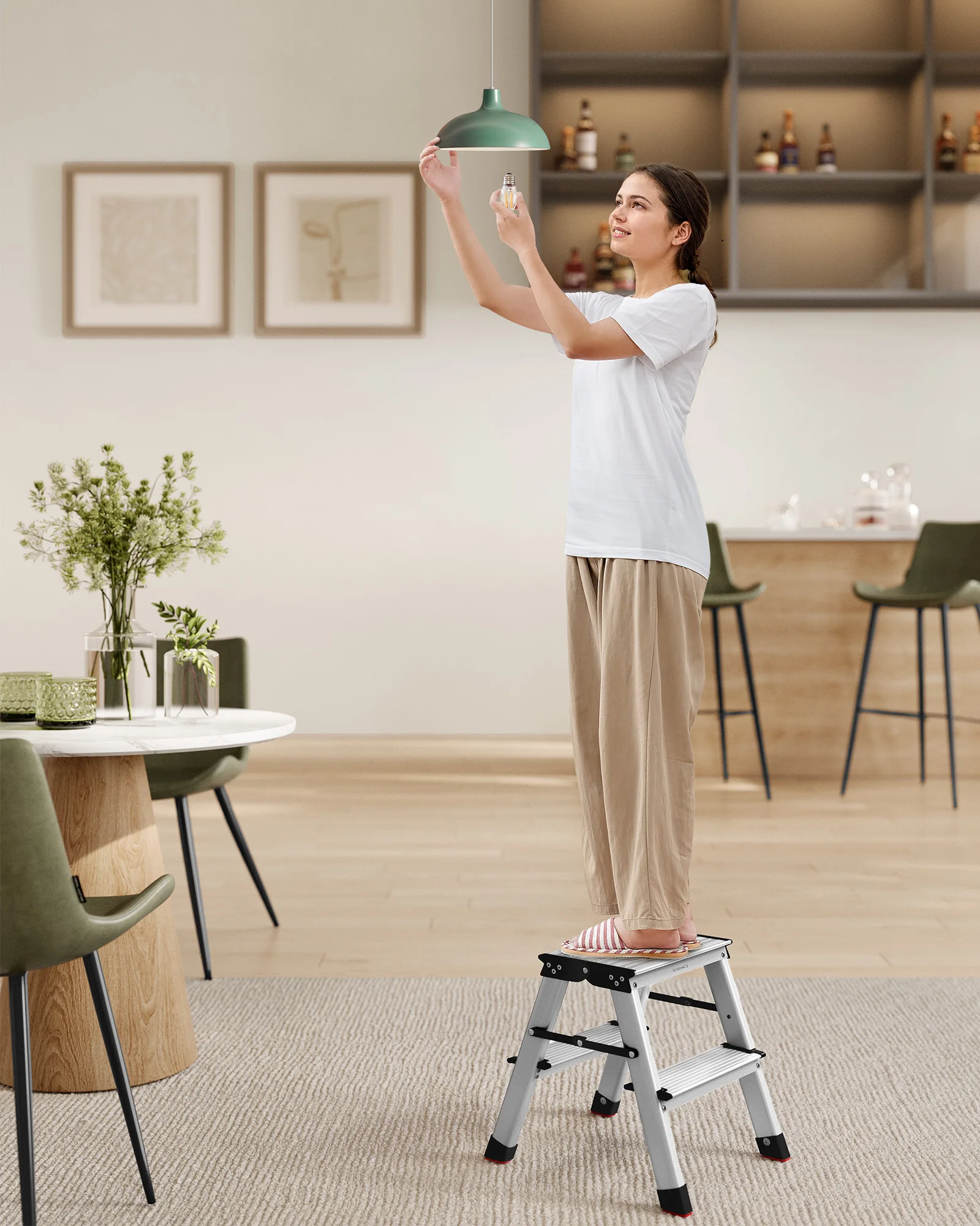 SONGMICS Ladder, 2 Step Ladder, Aluminium Ladder with 2 Non-Slip Steps, Multi-Purpose, Max. Load Capacity 150 kg