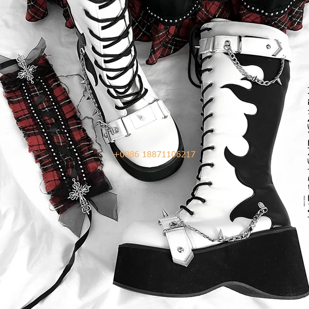 Platform Y2K Cyberpunk Motorcycle Boots New Street Rock Ladies Chain Belt Buckle Knight Boots Fashion Party Casual Lace-Up Boots