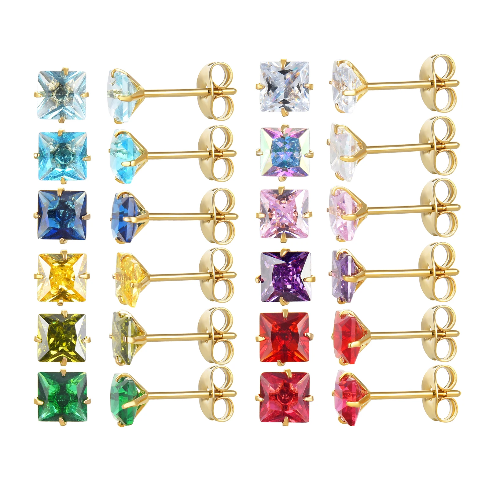 

12 Pairs Gold Plated Surgical Stainless Steel Stud Earring, Square Cubic Zirconia Birthstone Stud Earrings Set for Girls