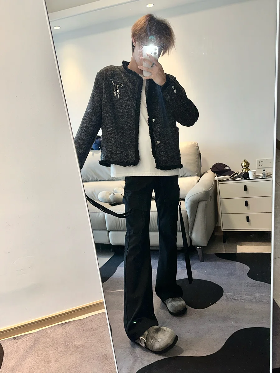 

Retro American High Street Men's Skinny Jeans with Multiple kets Bla Casual Workwear Trousers Wear Resistant Straight Leg