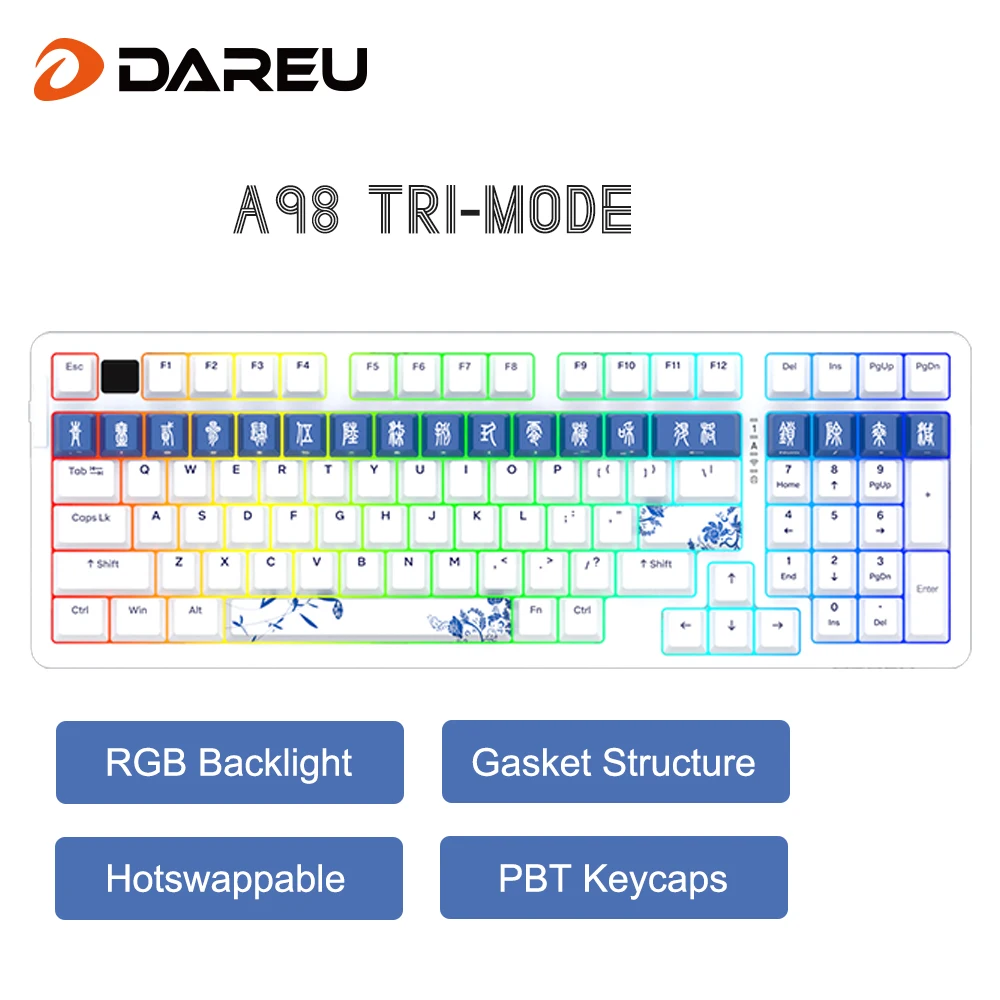 DAREU A98 Underglaze Cyan Tri-mode Teclado Mecânico PC Gamer 98 Teclas Hotswappable Junta RGB Macro Set KB Gamer Acessórios