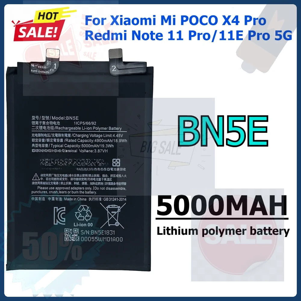 New BN5E Phone Battery For Xiaomi Mi POCO X4 Pro Redmi Note 11 Pro / 11E Pro 5G Phone Battery Bateria 5000mAh High Capacity