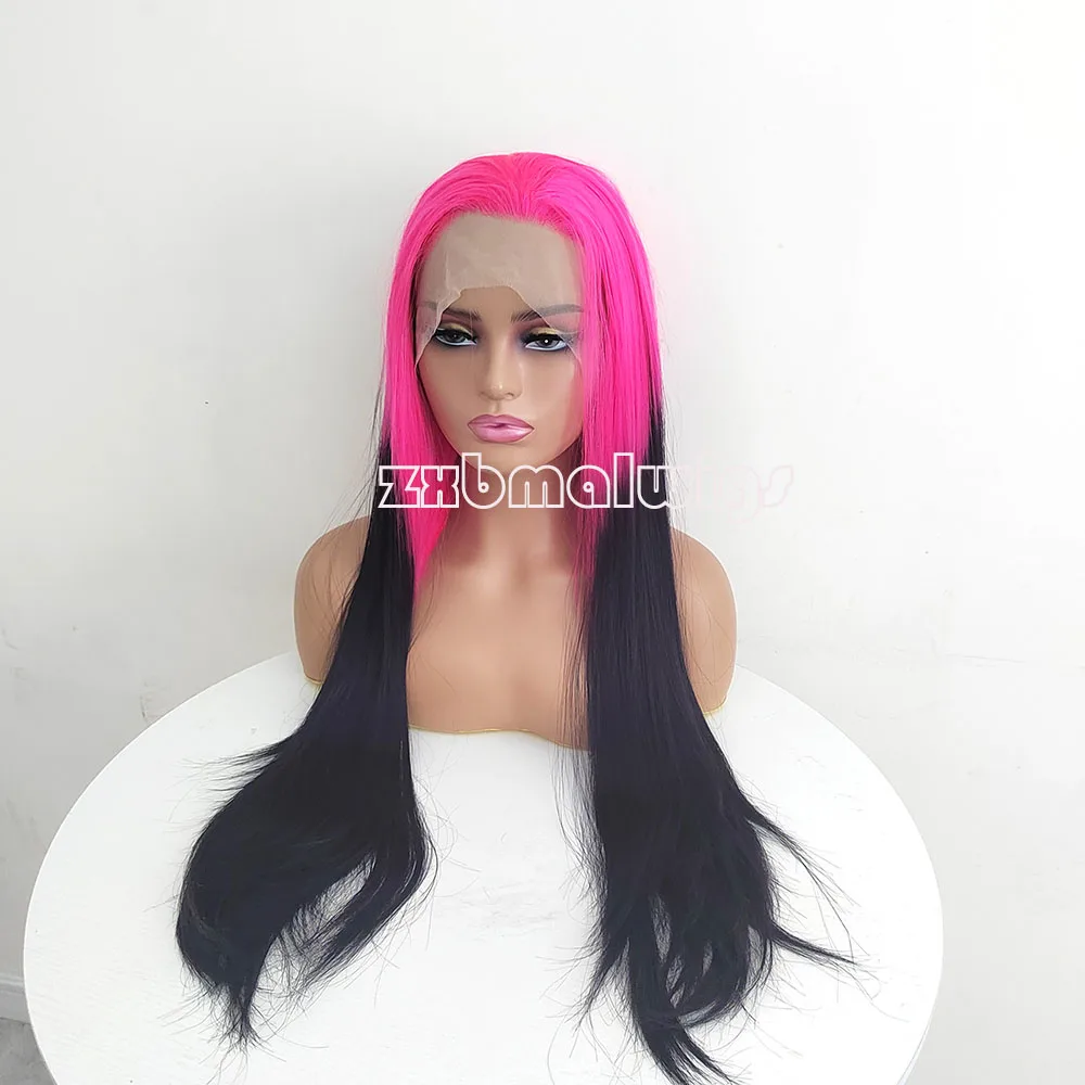 Wig rambut sintetis Ombre merah muda ke hitam renda depan Wig lurus berwarna tanpa lem 13x4 Wig Frontal renda transparan