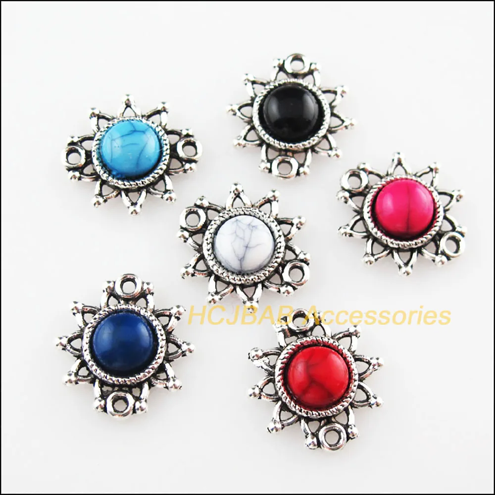 

24Pcs Tibetan Silver Flower Mixed Stone Charms Pendant Connectors 14x14.5mm