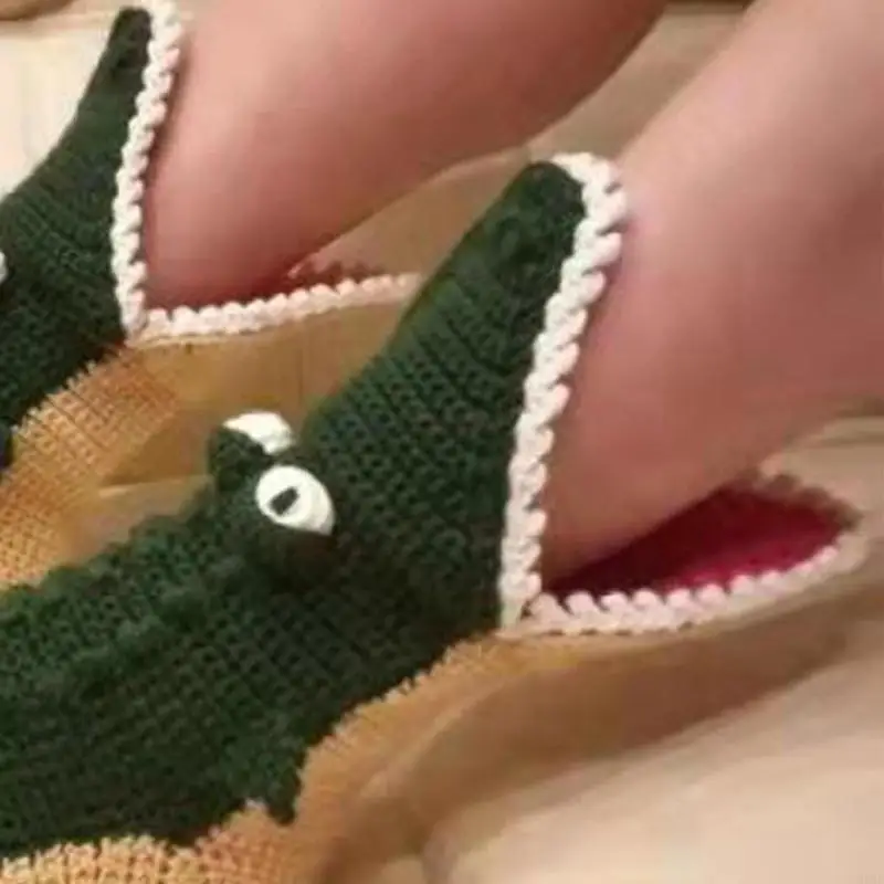 H58E Novelty Chunky Crochet Knit Cartoon Slipper Socks Funny 3D Big Eyes Wide Mouth for Crocodile Animal Warm Floor for