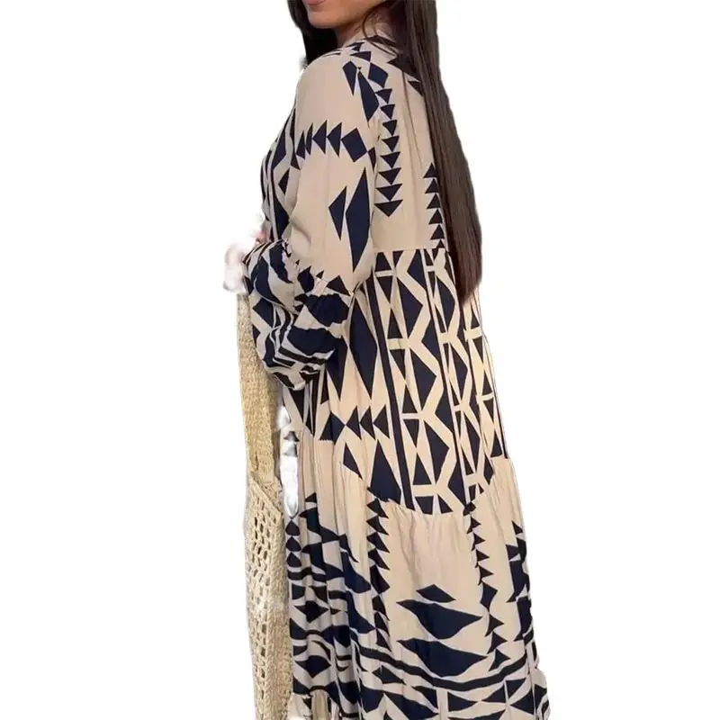 여성용 롱 프린트 드레스 루즈 웨이스트 폴리에스터 원단 레귤러 슬리브 A라인 스커트 비즈니스 슈트