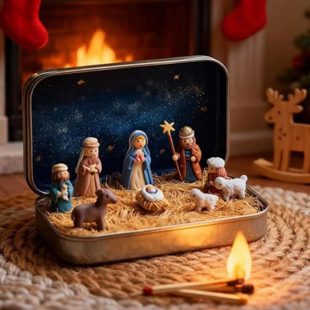Mini Portable Nativity Set in Tin Box Compact Holiday Decoration Display for Desk and Home During Christmas Season