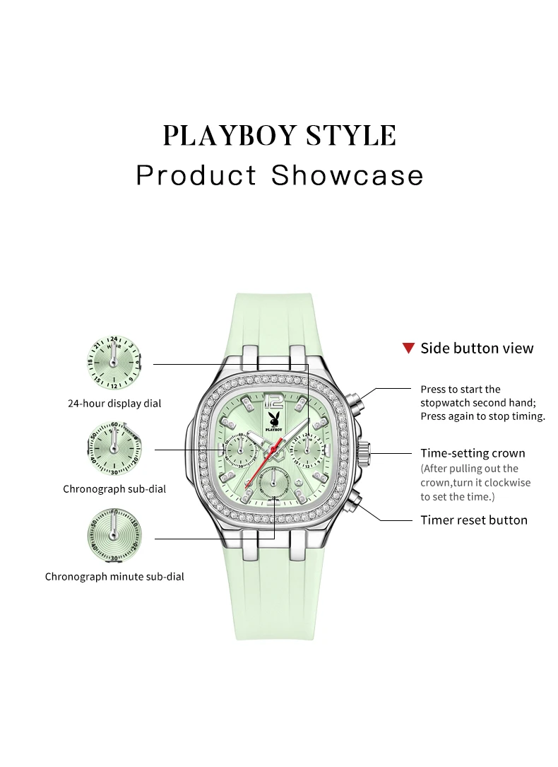 PLAYBOY 3076 Chronograph Quarzuhren für Damen Wasserdicht Leuchtend Elegantes Silikonarmband Diamantlünette Luxus Damenuhren – Detail 5