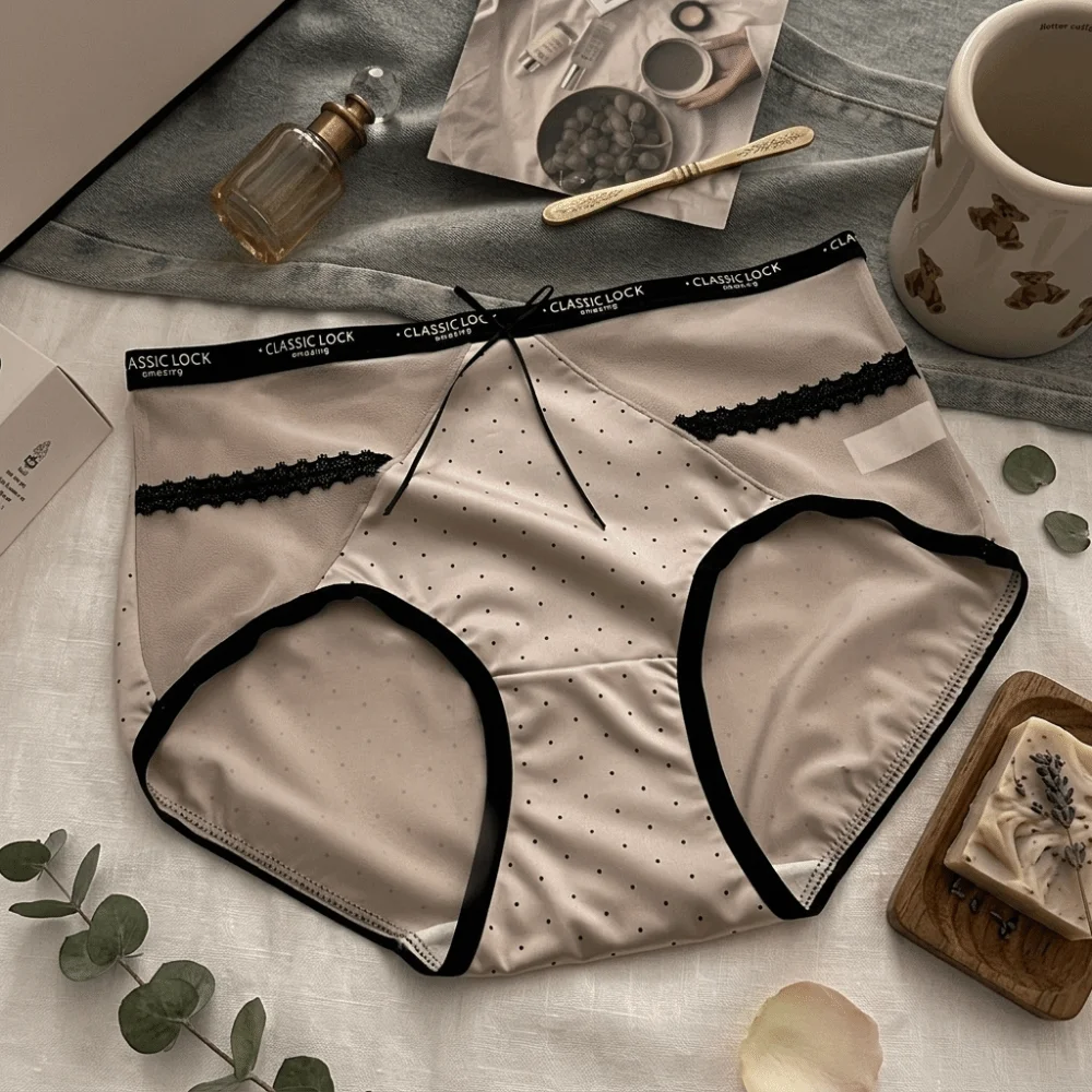 Light Thin Mesh Women's Underwear Bow Satin Wave Point Underpants Hollowed-out Seamless Briefs Women