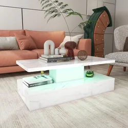 (Spring Sale) LED Coffee Table Marble Material, High Gloss Surface, Modern Style, with Remote Control, Coffee Table