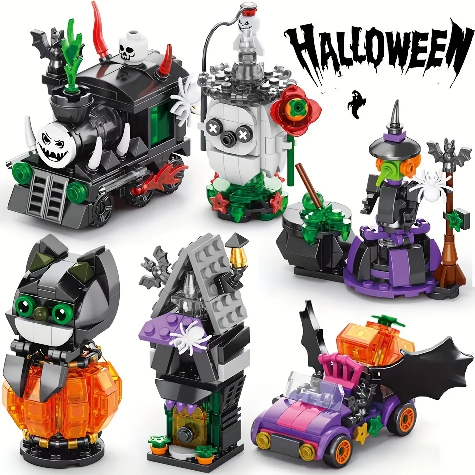 Halloween 6 In 1 Bouwsteen Set Snoep Pompoen Huis Spooktrein Model Bakstenen Desktop Collectie Diy Speelgoed Kinderen Kerstcadeaus