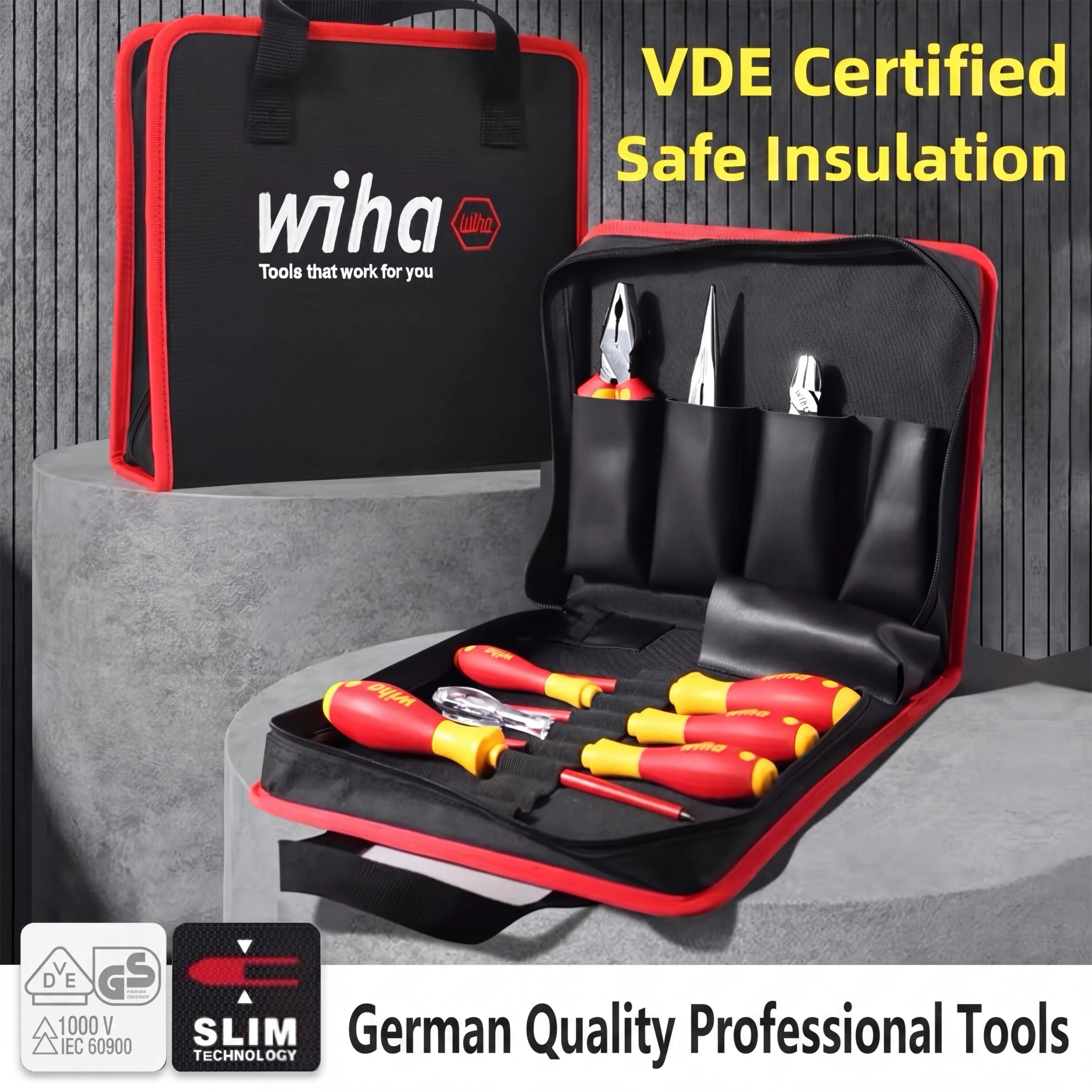 

Genuine WIHA Insulation Tool Set with Combination Pliers Set Screwdriver Set Test Pen Black Tool Bag