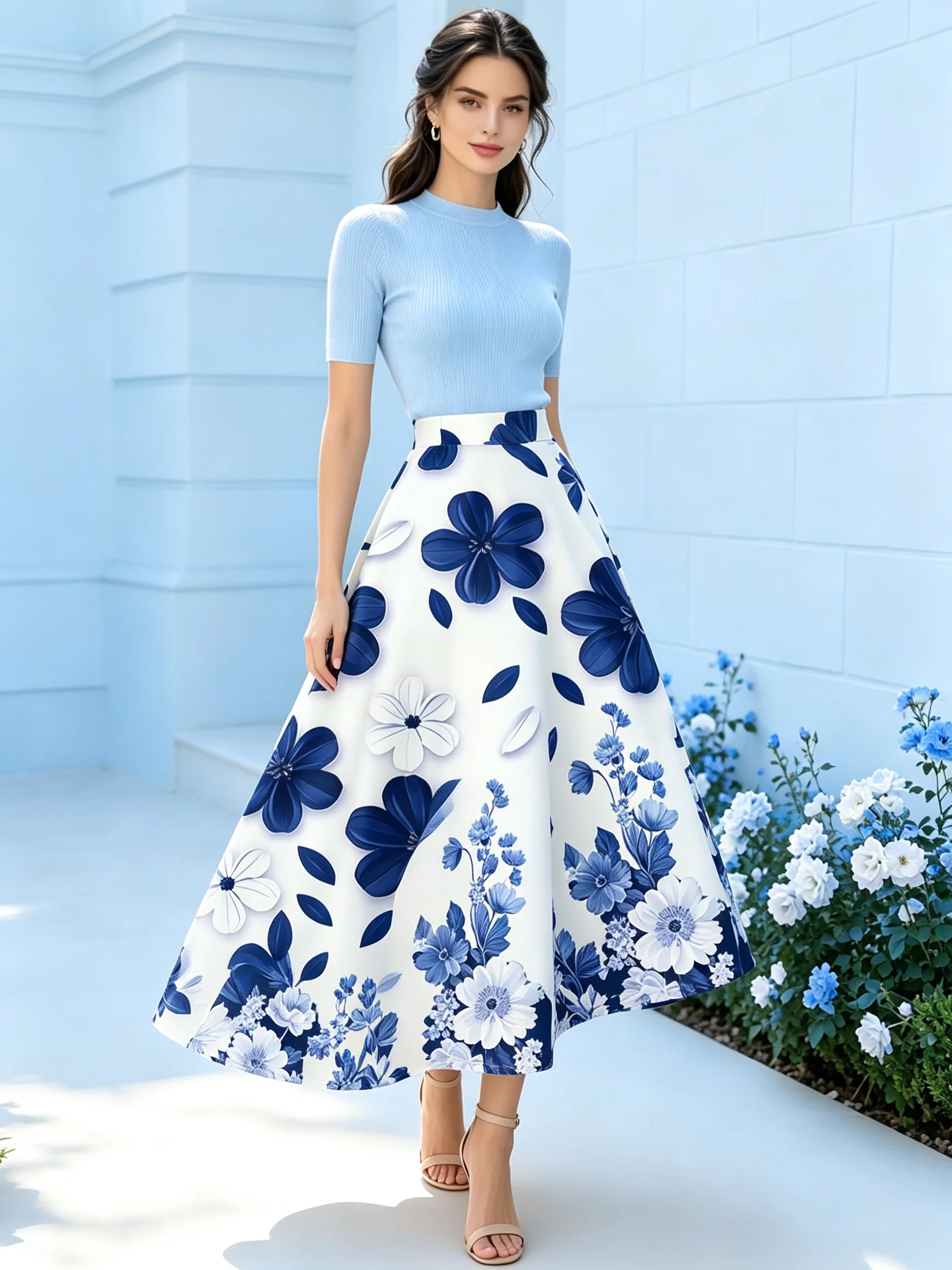 Printed Design suitable for all four seasons Blue White Floral Pattern Print vacation style elegant style Women's Skirt