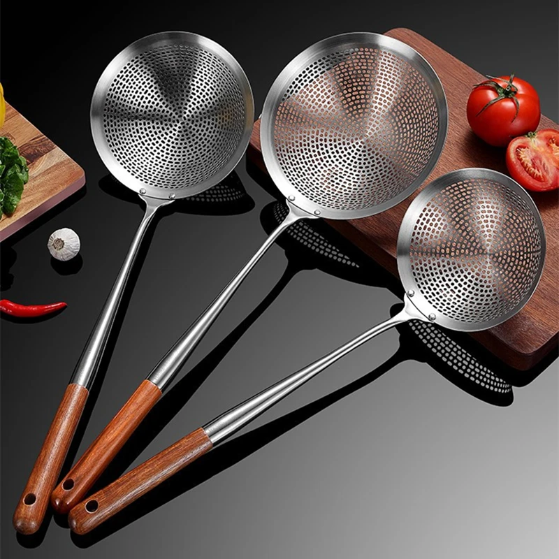 

Thicken Stainless Steel Colander Long Wooden Handle Kitchen Strainer Large Mesh Skimmer Hot Pot Oil Filter