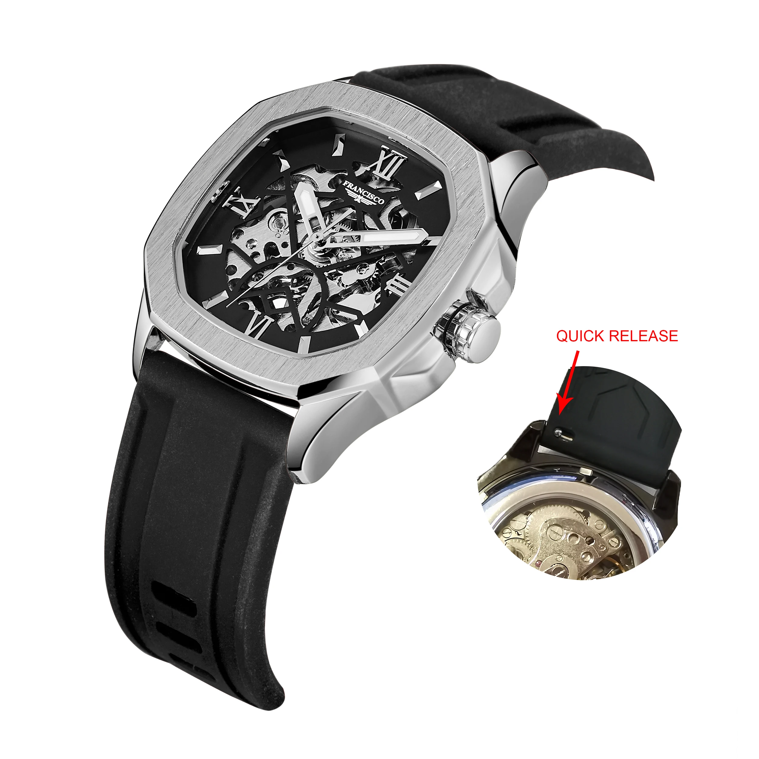 Quick Release Silicon Strap Men's Luxury Mechanical Wristwatch Timepiece Stainless Steel Back Skeleton Automatic Watches