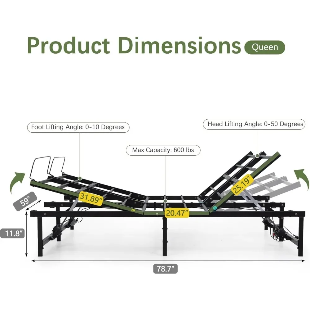 Queen Adjustable Bed Frame, Electric Adjustable Bed Base with Head and Foot Incline Low-Noise Motor, Electric Bed Frame