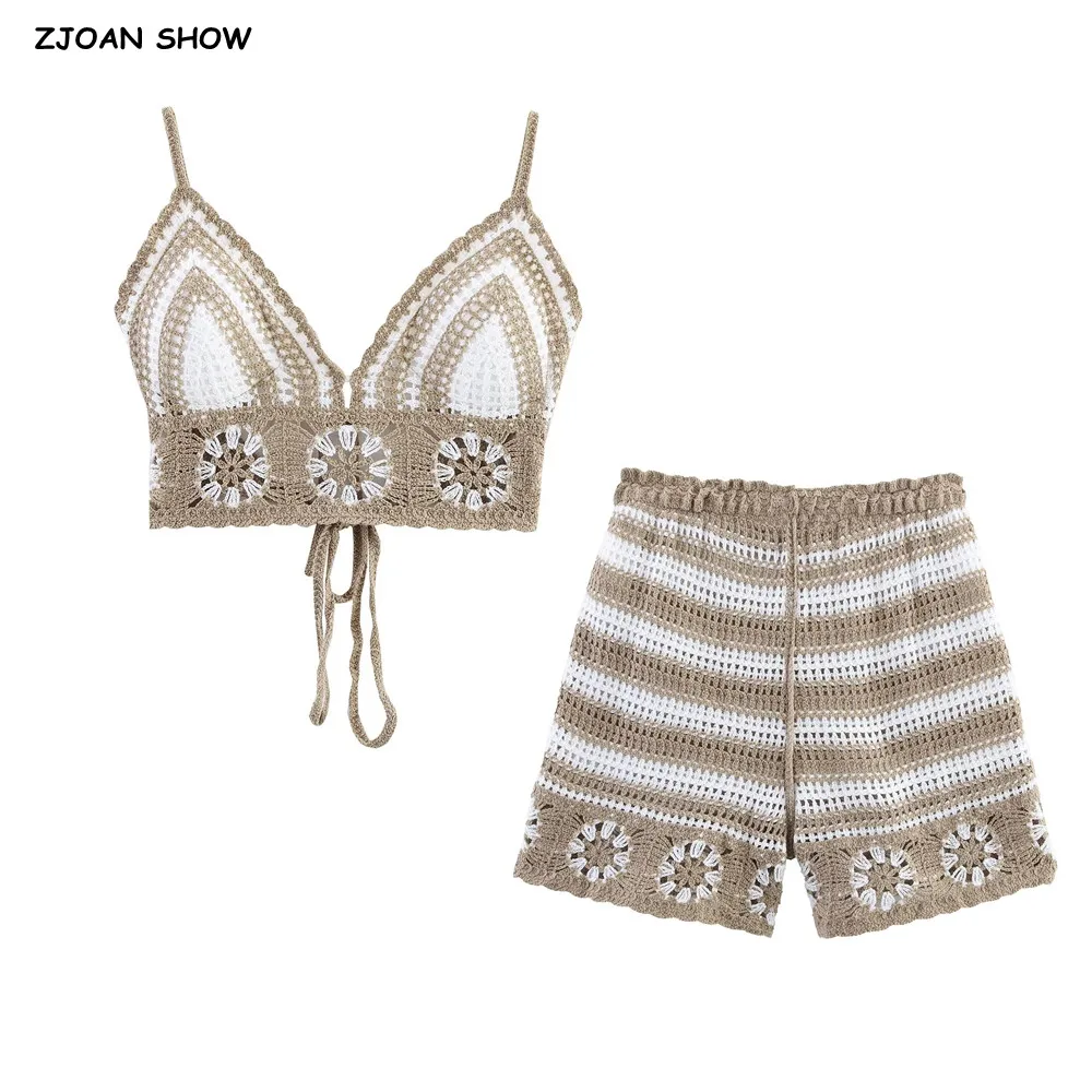 

2 Pieces 1 Set BOHO Lacing up Bow Strap Back Striped Hand crochet Camis Camisole + Drawstring Waist Mini Shorts Sui Holiday