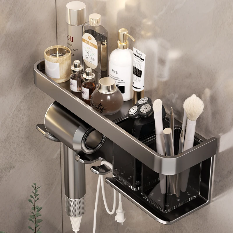 Bathroom Shelf Makeup Storage Organizer Aluminum Alloy Hair Dryer Holder Bathroom Accessories Wall Shelf