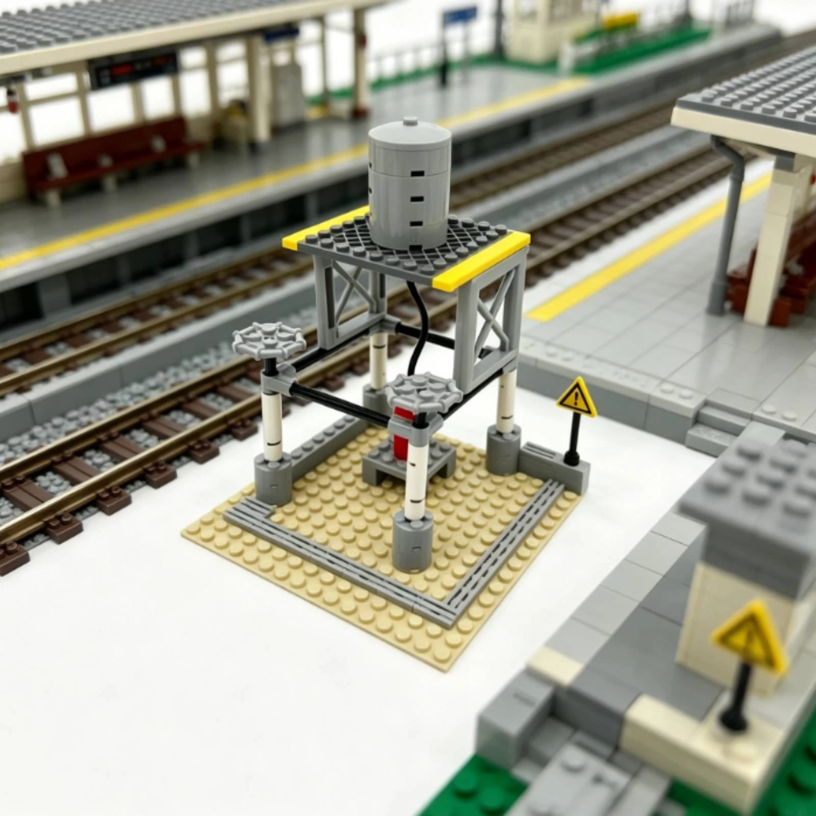Cenário de Abastecimento de Combustível: Base Cinza com Tanque Cilíndrico e Plataforma – Conjunto de Construção em Blocos