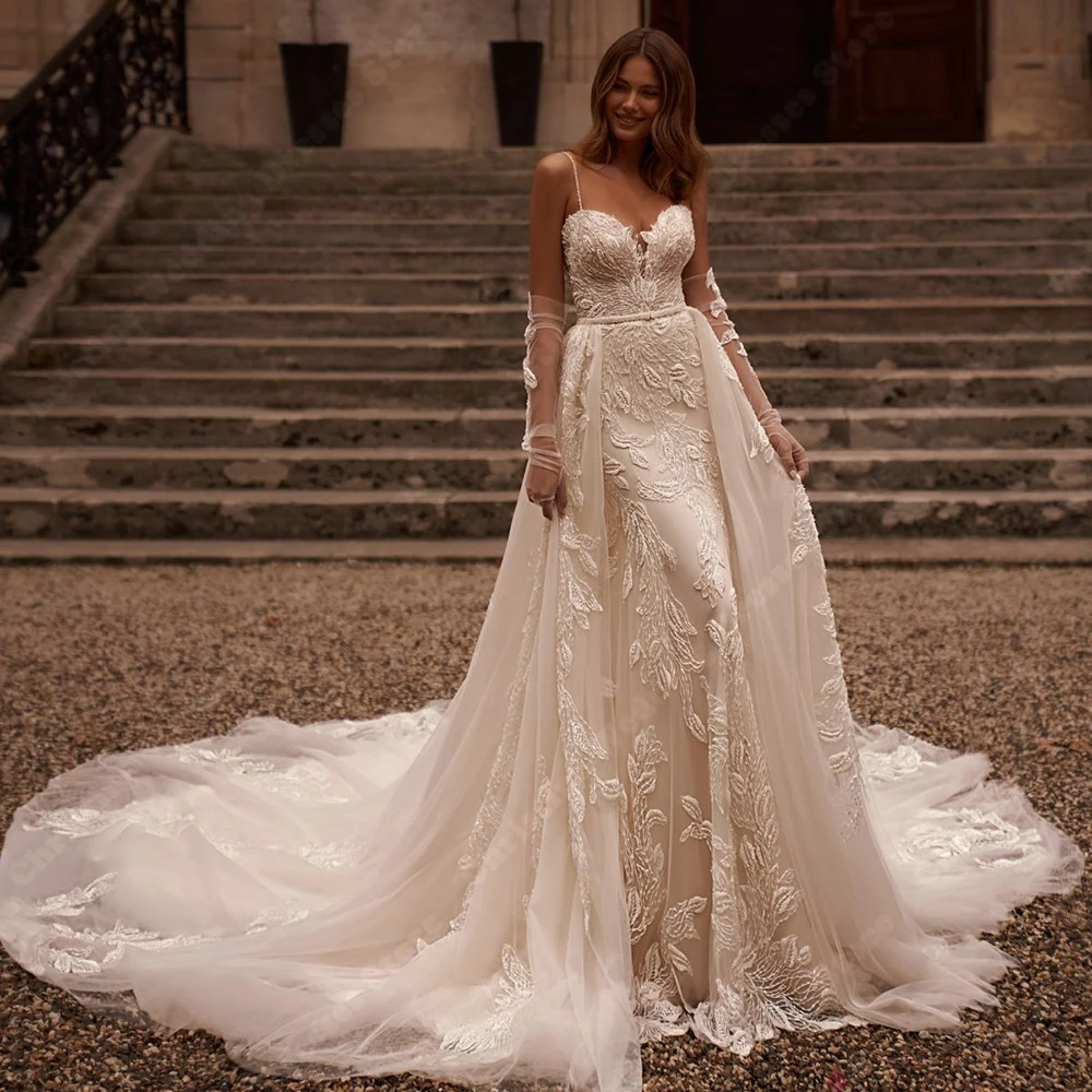 

Sweetheart Collar Wedding Dresses Charming Lace Applique Bridal Gown Mopping Length Vestido Para Mujer Customized Without Gloves