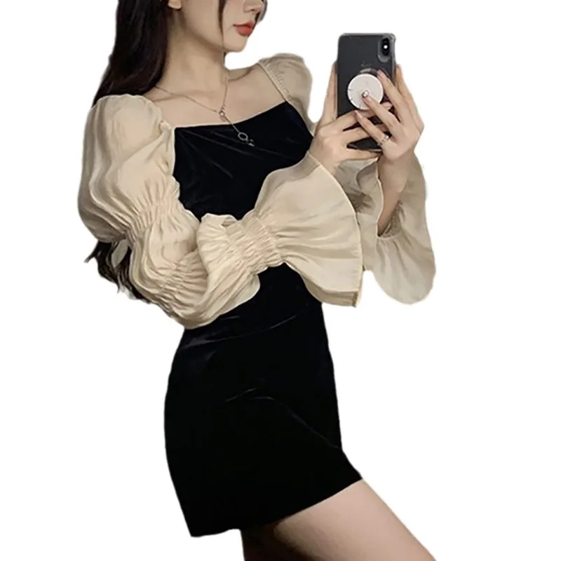 Franse vierkante kraag pofmouwen splitsen nieuwe lente en herfst slanke jurk met lange mouwen