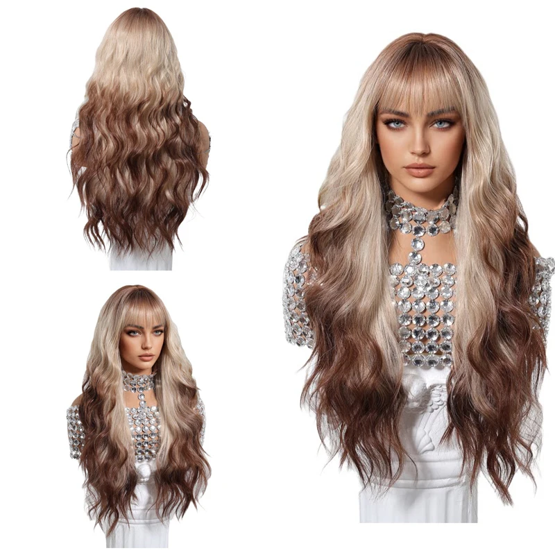 

26 Inch Ombre Blonde Brown Wig with Air Bangs Long Water Wave Synthetic Wig for Women Soft Natural Full Head Wig for Daily Wear